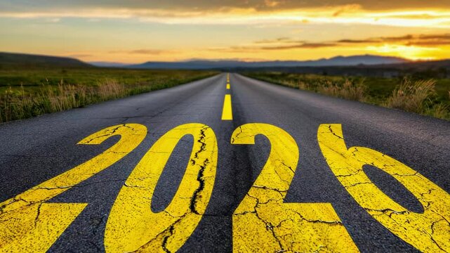 Yellow cracked numbers 2026 on asphalt road stretching into horizon at sunset, New Year concept, journey ahead, fresh start, future vision, goal setting, end of year transition