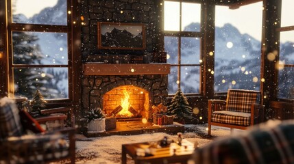 Inviting winter cabin interior, a tranquil escape into snowy serenity and warmth