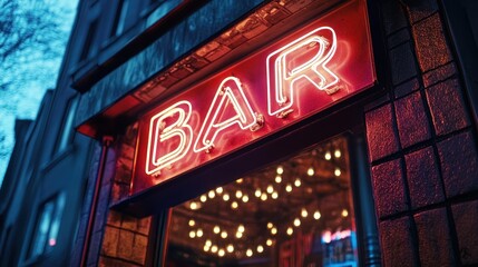 Naklejka premium Neon bar sign illuminates urban architecture and creates a vibrant atmosphere