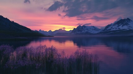 Fototapeta premium Spectacular alpine sunset illuminating tranquil lake, cascading over mountains