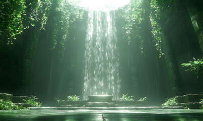 Light streams down into a stone well filled with plants and water, creating a tranquil scene