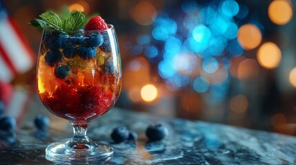 Tricolor cocktail with blueberries, raspberries, and mint, celebrating French National Day with festive elegance.
