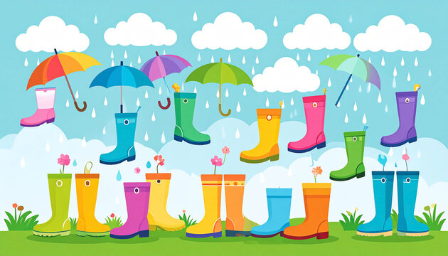 Colorful rain boots and umbrellas under a light rain, set against a grassy landscape with flowers sprouting from some boots