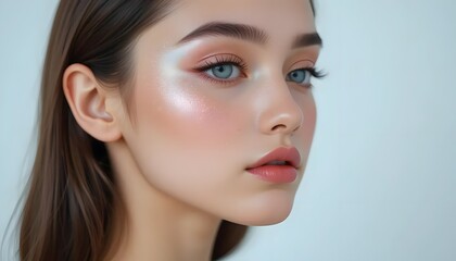 Naklejka premium Beautiful young woman with shimmering makeup and blue eyes looks away