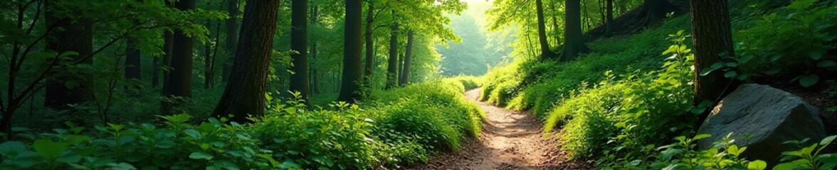 Fototapeta premium A winding mountain hiking trail leads through lush green forest, sunlight dappling the path ahead Perfect for adventure and nature themes , woods, gravel, fall