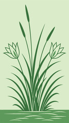 Green lotus flowers and reeds vector illustration featuring clean lines and minimalist style