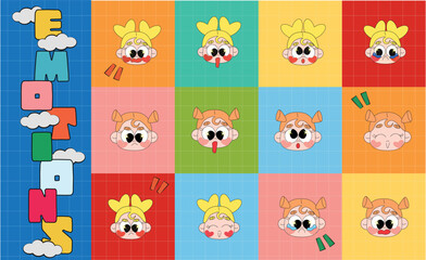 set emoji chibi with different emotions vector illustration. Sad, angry, cry, happy, smili, wonder, upset, worry.