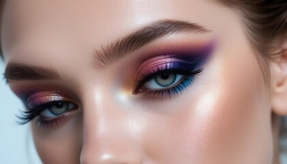 Obraz premium Close up of a woman's face with colorful eye makeup