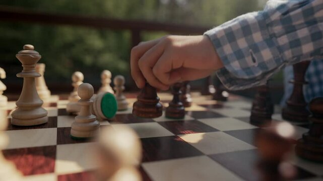 Chess player little boy strikes knight with bishop in intense move. Sport, duel