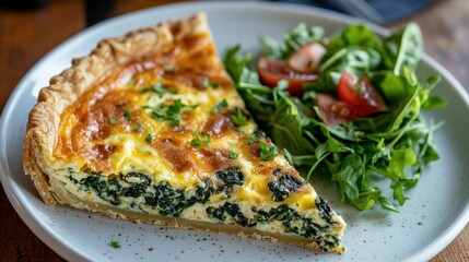 Golden crusted spinach quiche slice served with a fresh arugula and tomato salad