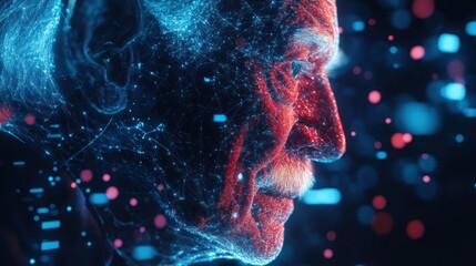 Digital portrait of an elderly man illuminated by glowing technology particles