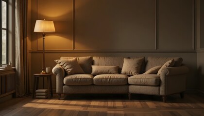 Cozy living room with sofa and lamp creating a warm and inviting atmosphere