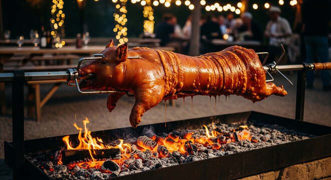 cochon de lait en train de cuire lentement sur une broche, dans une ambiance de f&ecirc;te en plein air