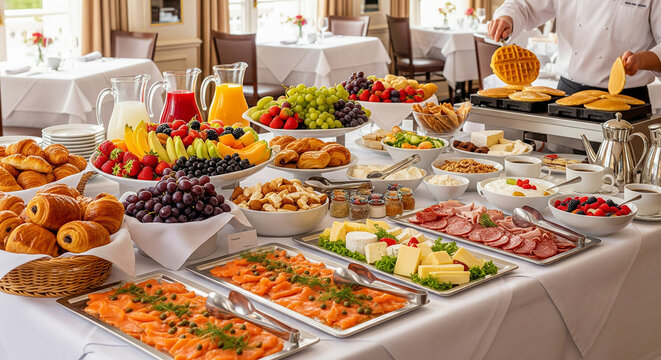 buffet de brunch matinal, copieux et vari&eacute;, dress&eacute; sur une grande table