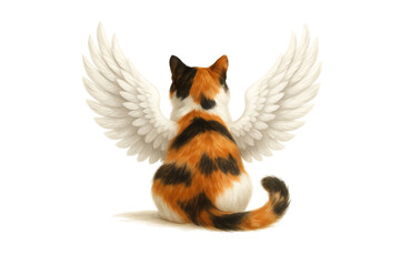 Obraz premium Calico Cat with Angel Wings Sitting Peacefully, Back View on White Background