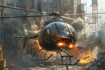 High-end helicopter  with cinematic black smoke and gray haze