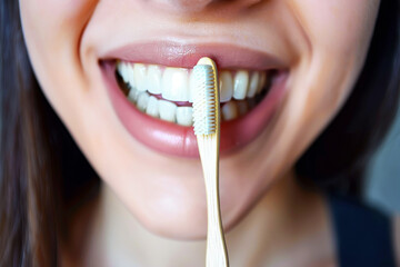 A girl with dark hair cleans her white teeth using a wooden and bamboo toothbrush