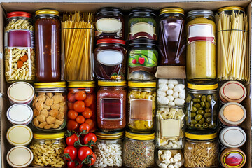 Food Box Donation. Assorted Grocery Food Canned Goods, Pasta, Vegetables in Donation Box. Top View.