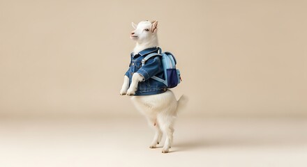 Adorable Goat in Denim Jacket and Backpack Back to School Fun