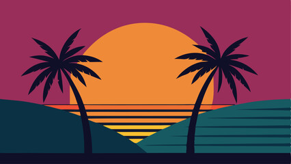 Retro sunset scene with palm trees suitable for summer vacation graphics