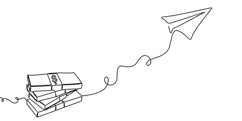 Line plane art icon travel vector sketch continuous outline illustration doodle. single line plane one background trip flight air lineart airplane money linear aircraft fly airport path business coin