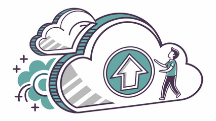 Man Interacting with Cloud Upload Icon Data Storage Concept