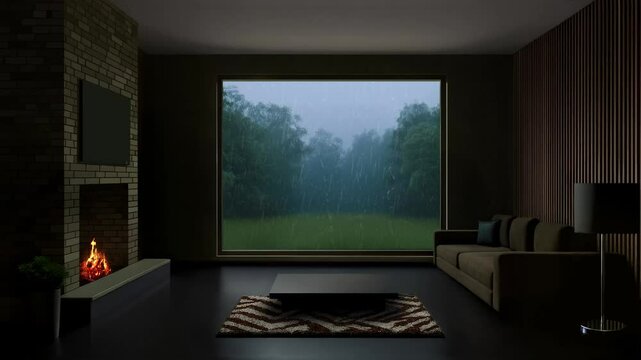 cozy luxury cabin living room with fireplace, cloudy and rainy environment, perfect for relaxing meditation yt videos, horizontal 4K UHD background wallpaper, desktop wallpaper, endless looped