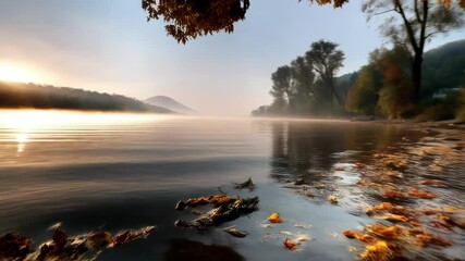 Autumnal lake view with serene mist and fallen leaves on tranquil water and wooded shoreline at dawn, creating peaceful and scenic landscape. - Powered by Adobe