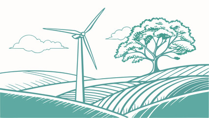 Rural Landscape with Wind Turbine and Tree