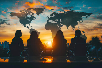 Silhouette of business team meeting with world map backdrop international cooperation and networking
