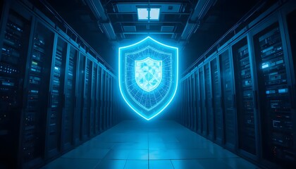 Cyber Security Shield Protecting Data in Server Room Environment