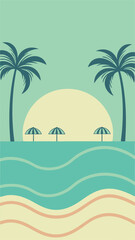 Fototapeta premium Tropical beach scene illustration with palm trees sun and seaside umbrellas design