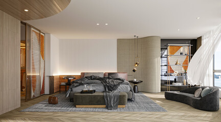 3d render luxury hotel room, modern bedroom