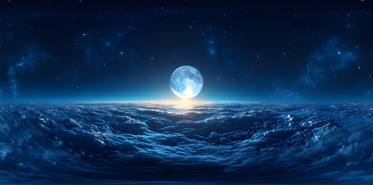 High-resolution HDRI map serving as an environment map for equirectangular projection and spherical panorama, used as a 3D illustration background featuring a blue night sky with a bright moon and
