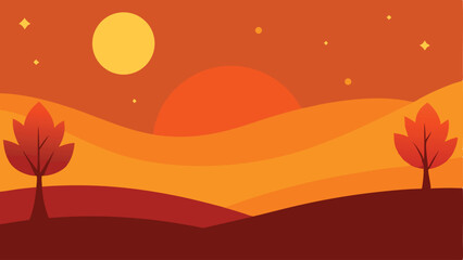Abstract autumn landscape illustration with sun leaves trees and gradients on a warm background