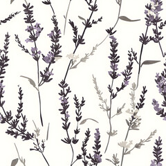 Fototapeta premium The image shows a seamless pattern of stylized lavender plants with purple and grey hues on a light background. The design features various plant shapes.