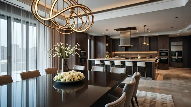 A luxurious dining area with a dark table and chairs next to a modern kitchen space with bar stools