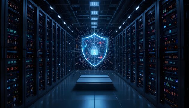 Data center with security shield representing cybersecurity protection
