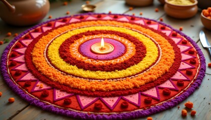 Vibrant Circular Rangoli Design with Candle and Decorative Elements