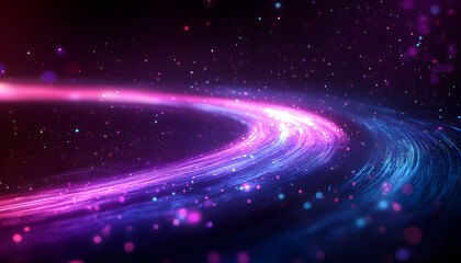 Obraz premium Abstract digital illustration of neon glowing lines with bokeh lights. Dark purple background with waves in blue and pink colors. Dynamic energy flowing movement, futuristic tech concept.