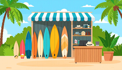 Vibrant beachside surf shop with colorful surfboards displayed,  shelves stocked with beachwear and accessories, under a striped awning, nestled amongst palm trees