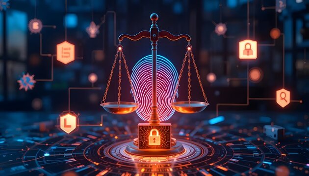 Digital justice concept with scales of justice and cyber security