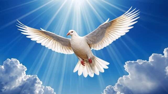 A white dove flying in a bright blue sky with white clouds and sun rays shining through the sky