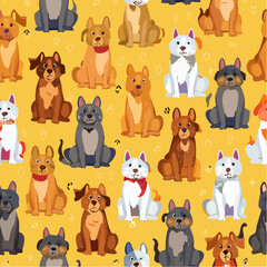 Fototapeta premium Cheerful dogs of all kinds repeat across a sunny yellow backdrop in a fun, flat cartoon pattern.