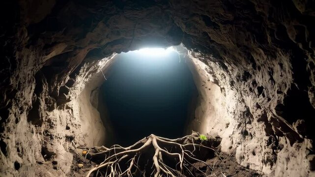 A cavernous underground tunnel with roots blocking the view of bright light at the end, suggestive of discovery or exploration.