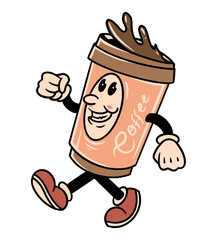 Cheerful Coffee Mascot: A lively coffee cup character, full of energy, takes a brisk stroll, with a charming smile, in a vibrant, animated style. 