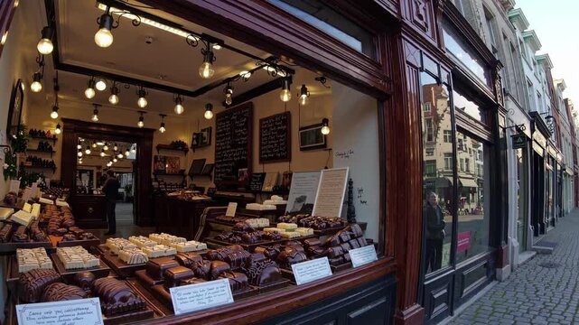 Wide-angle shot of a cozy chocolate shop with a vintage style, showcasing a variety of chocolates. Perfect for a video on artisanal sweets.