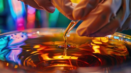 Gloved hands expertly transfer amber liquid specimen into a sterile centrifuge tube amidst a colorful array of background samples