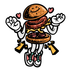 Burger Cartoon in Love: A charming cartoon burger, expressing its love and passion with a cute smile and enthusiastic gestures, epitomizes fun and delightful food. 