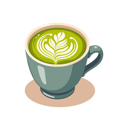 Matcha latte in ceramic cup vector, vibrant colors on transparent background, ideal for beverage promotions, recipes, and health blogs